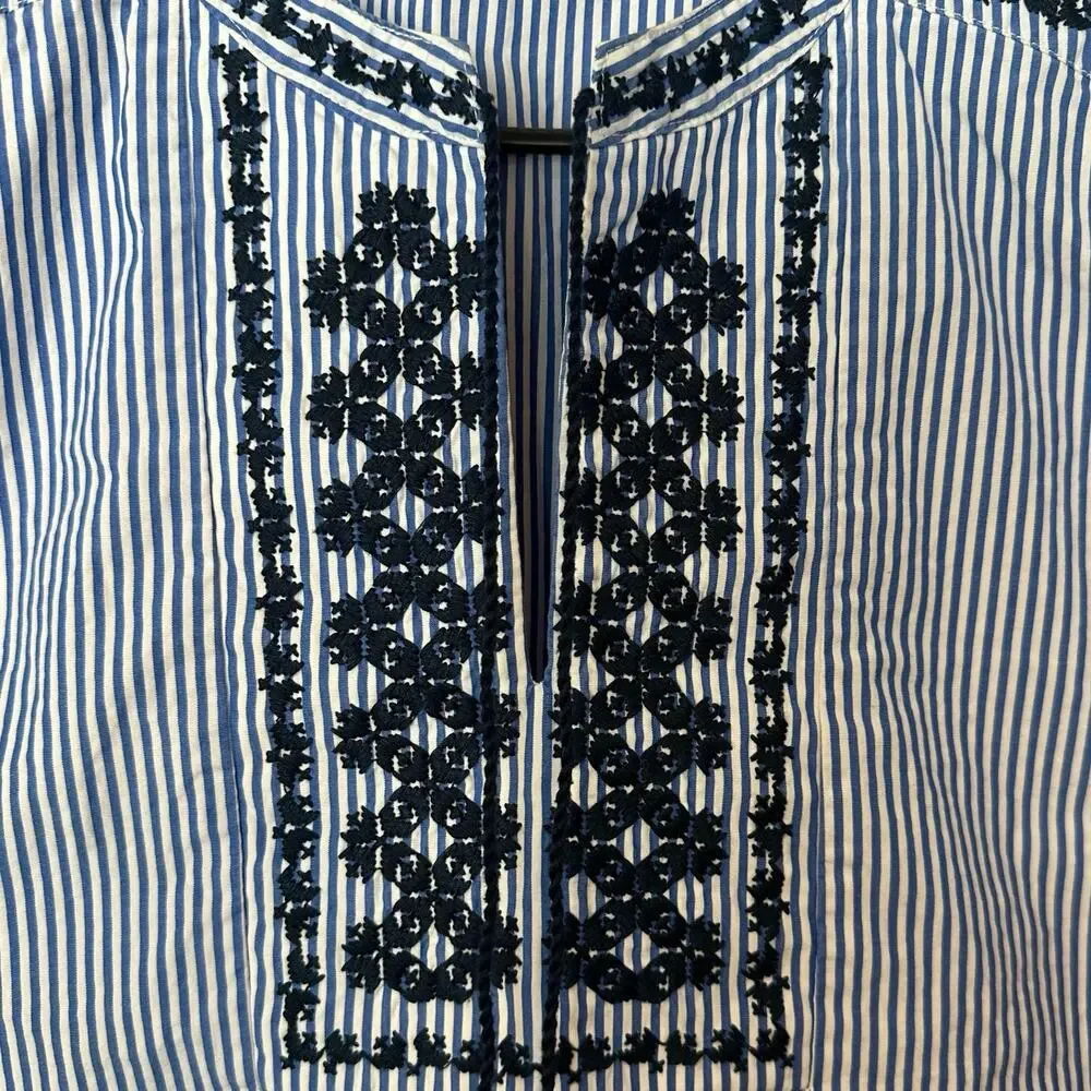 J. Crew Embroidered Striped Poplin Sleeveless Top Size‎ 12 Tassels Preppy Summer